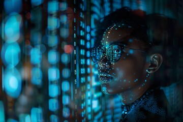 Image of a child with blurred face against a background of binary code and digital elements