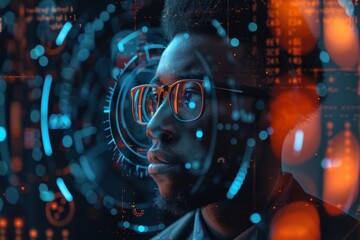 A cyber concept image featuring futuristic digital graphics and unidentifiable person with obscured face