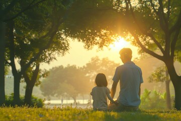 A serene scene of a father and child sitting in a lush park during a golden sunset, conveying family bonding