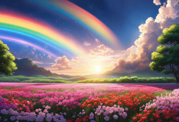 Naklejka premium Generative AI, Beautiful Niji Anime cinematic scenery of a beautiful flower field with a beautiful sky, beautiful meteor shower, cool niji anime landscape, stunning blooming Niji Anime flower scenery