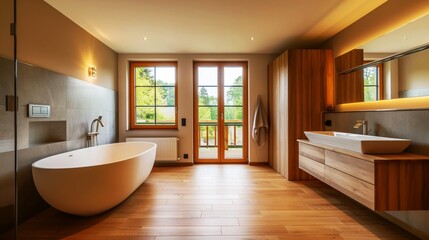 Fototapeta premium A spacious bathroom with a freestanding white bathtub, a large wooden vanity with a rectangular sink, big windows letting in natural light, and wooden flooring.