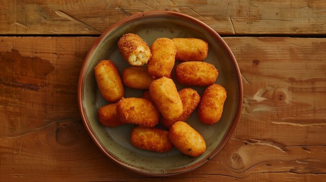 Plate of golden brown croquettes on a rustic wooden table, one of which is split open showing the creamy filling.