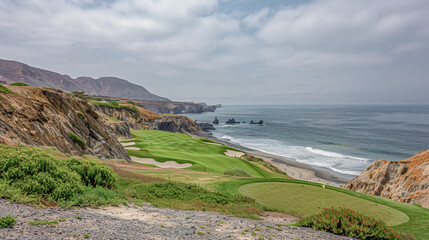Unusually Spectacular Cliffside Golf Course Unique Landscape with Stunning Ocean Views and Dramatic Rock Formations in the Background Wallpaper Digital Art Poster Brainstorming Map Magazine Background