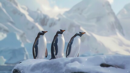Fototapeta premium Amazing Panoramic view of three penguins on the stones in Antarctica