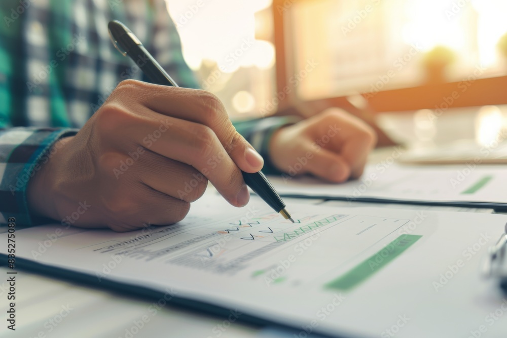 Poster a person is intently analyzing bar and line graphs on printed sheets, possibly assessing financial t