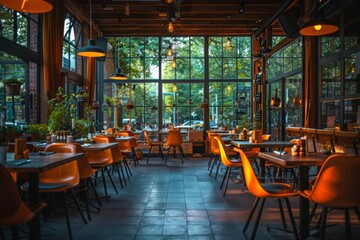 An empty restaurant interior with stylish modern design and atmospheric lighting, ready to welcome guests