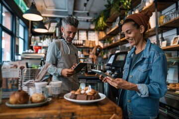 A barista and a customer each use their tablets in a modern cafe setting