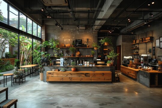 Cozy and stylish coffee shop interior filled with plants and wooden furniture