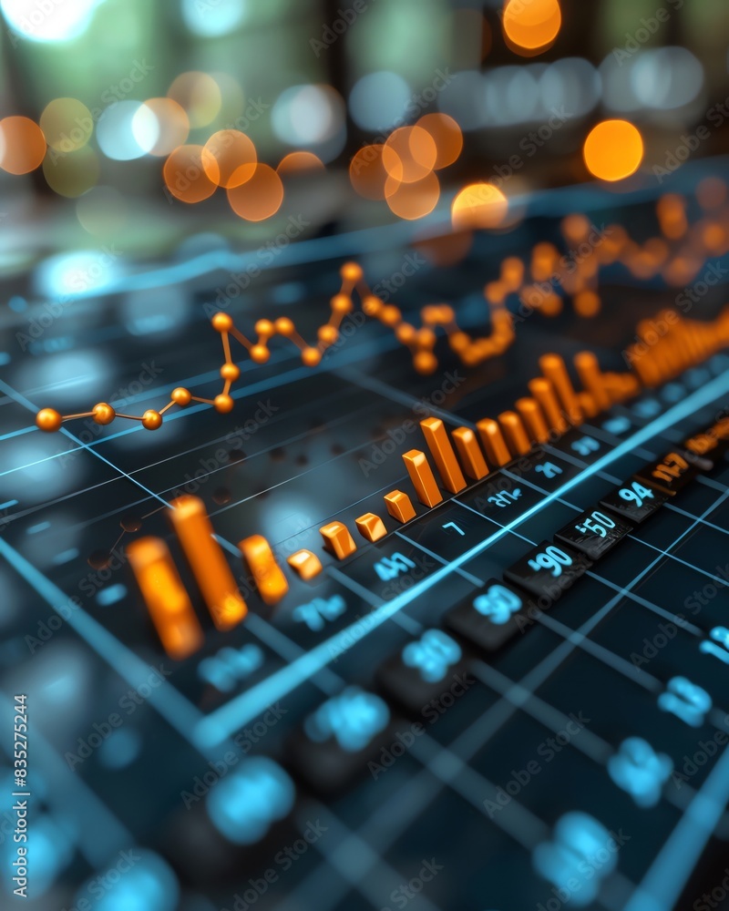 Aufkleber close-up of financial data visualization with an orange line graph and bar charts on a digital scree