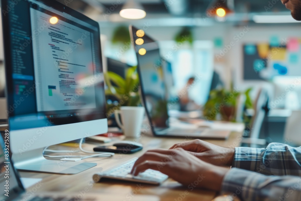 Poster in-focus image of a man's hands typing on a keyboard with code on the computer screen in office sett