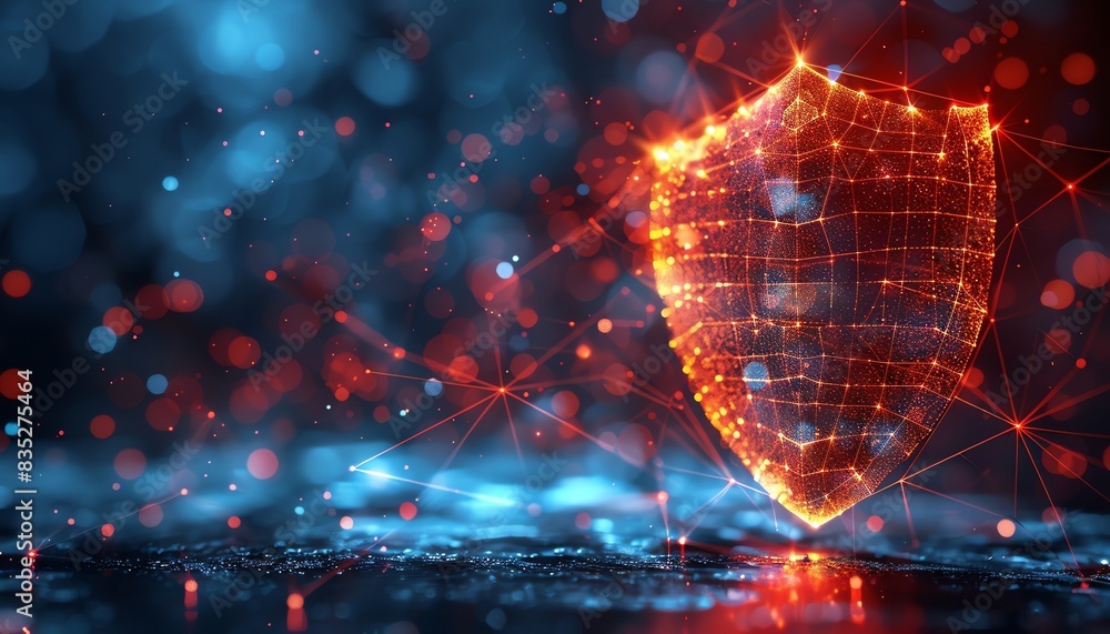 Poster digital shield with glowing lights representing cybersecurity protection, advanced technology, and d