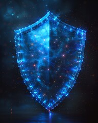 Digital shield made of blue lights representing cybersecurity and data protection in modern technology.
