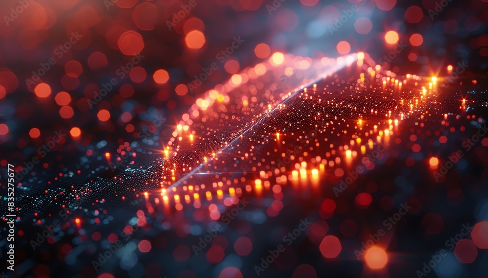 Poster futuristic digital abstract landscape with red and blue glowing dots and lines forming a dynamic net