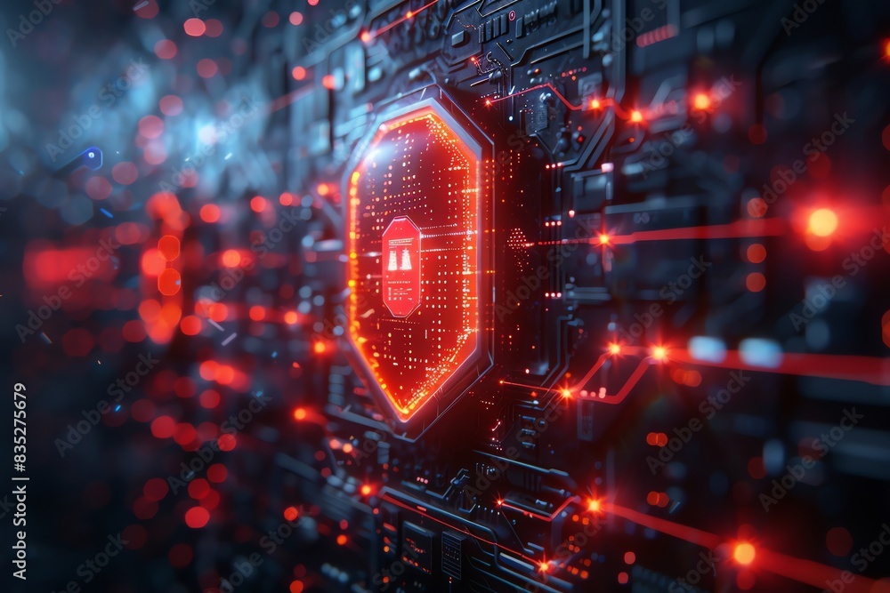 Aufkleber futuristic digital cybersecurity concept with glowing red shield symbol on a complex electronic circ