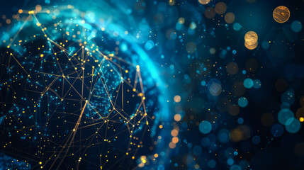 Bright blue globe with connection lines on a dark space background. Grid formations on the ground. Technology, science concept.