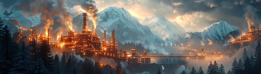 Fototapeta premium Stunning digital art of a fiery industrial complex in a snow-capped mountain landscape, showcasing the contrast between nature and industry.