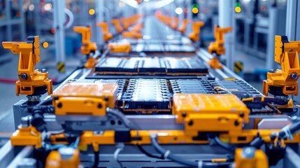 Fototapeta premium Close-up view of an automated assembly line in a modern factory focusing on manufacturing components.