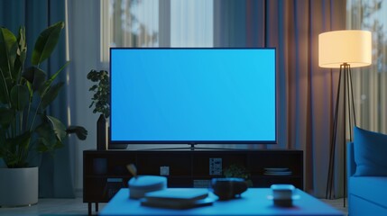 Modern living room with a large flat-screen TV, potted plants, a standing lamp, and a coffee table with various items, including books and a cup.