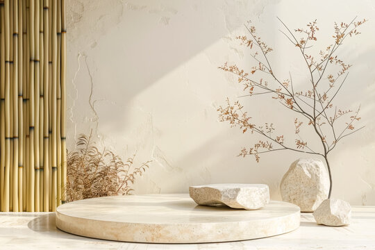 Rock podium, Minimalist beige podium background for presentation product, Japanese style