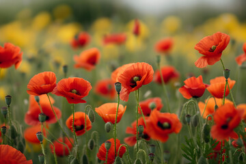 Vibrant red poppies bloom in a beautiful countryside landscape, creating a scenic and peaceful atmosphere. Suitable for nature, landscape, and floral themes.