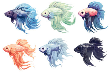 Obraz premium collection of various types of 2D betta fish avatars, plain white background.