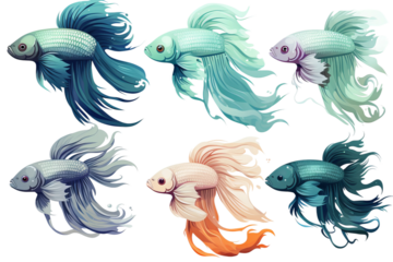 collection of various types of 2D betta fish avatars, plain white background.