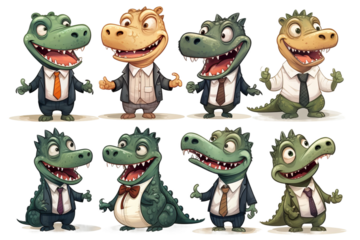 collection of various types of 2d crocodile avatars, plain white background.