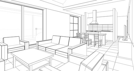 house interior sketch 3d illustration
