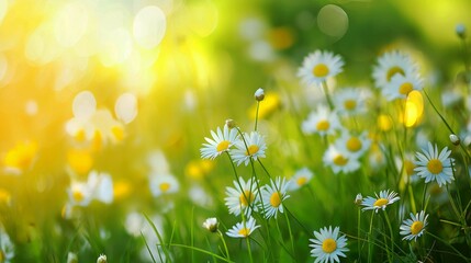 Blooming white daisies with yellow centers in a sunlit field, creating a bright and vibrant scene of natural beauty and tranquility. - Powered by Adobe