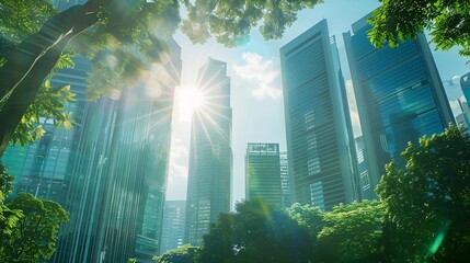  city skyline with lots of green enviroment. Clear sky, sun, with light refraction and colour changes illustrating, shot on film