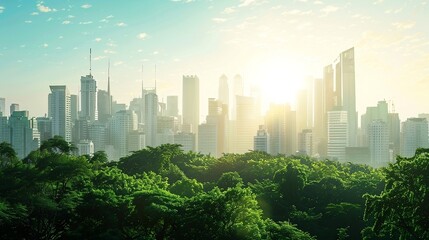 Naklejka premium city skyline with lots of green enviroment. Clear sky, sun, with light refraction and colour changes illustrating, shot on film