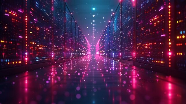 security with a digital display featuring binary code flowing across a computer screen illuminated by colorful lights. - Powered by Adobe