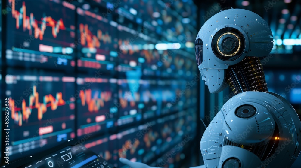 Poster a robot stands in front of a massive wall of data, holding a cell phone as if analyzing information.