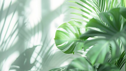 Obraz premium Natural texture with leaves. Beauty and health concept. Stylish gradient with copy space. White Ribbed Background. Green palm with reeded glass.