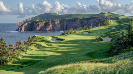 Obraz premium Unusually Spectacular Cliffside Golf Course Unique Landscape with Stunning Ocean Views and Dramatic Rock Formations in the Background Wallpaper Digital Art Poster Brainstorming Map Magazine Background