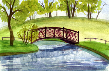 Watercolor sketch illustration of  landscape with bridge.