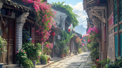 Obraz premium Unique Houses Line Alley Leading to Seaside in Yunnan, Filled with Various Flowers and Strong Spring Atmosphere in 5D High-Definition 关键词：