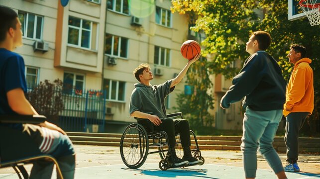 Group of friends playing basketball outdoors, with one person in a wheelchair holding a basketball, emphasizing inclusivity and friendship.
