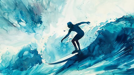 Watercolor surfer riding the waves. Vibrant watercolor painting of a surfer riding a wave, perfect for ocean lovers and watersport enthusiasts.