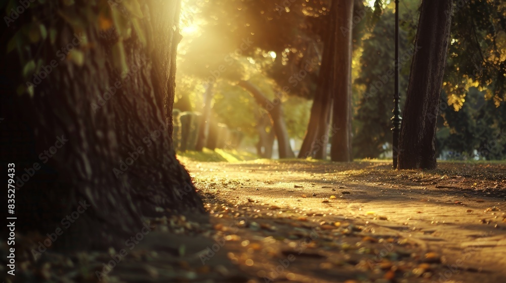 Aufkleber soft rays of sunlight filter through the tall trees casting dappled shadows along the pathway.