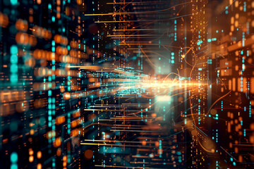 Double exposure of a series of binary code streams flowing rapidly, combined with the image of a supercomputer's complex circuitry, representing the speed and efficiency of modern computing in AI.
