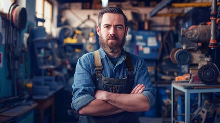 Fototapeta premium Confident craftsman with a beard standing in a workshop wearing a denim shirt and apron, surrounded by tools and machinery.