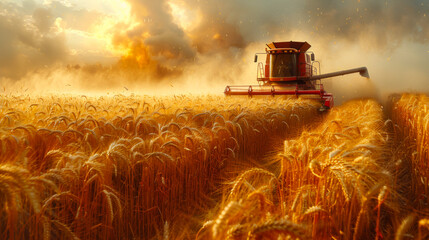Rural landscape. A modern combine harvests wheat on an agricultural field. Farm equipment on a...