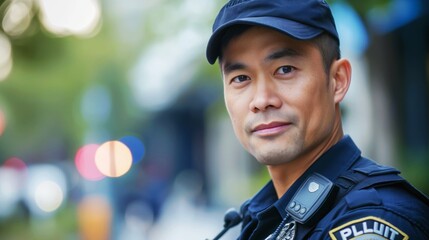 Portrait of a confident police officer wearing a cap and uniform with a blurred urban background.