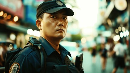 Focused portrait of a uniformed police officer on duty in a blurred urban environment. The officer appears vigilant and serious, wearing standard gear.