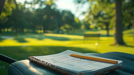 Golf Scorecard and Pencil on Cart in Course: Professional Golfing Gear