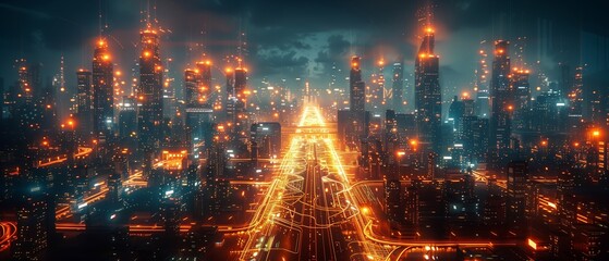 Fototapeta premium A futuristic cityscape with illuminated skyscrapers and digital light trails