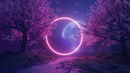 3D rendering of a neon pink light ring portal in the center of a path surrounded by cherry blossom trees. It is night time and there is a full moon in the sky. The background is purple. - Powered by Adobe