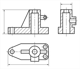 Vector drawing of a steel mechanical part with through holes
and dimension lines.
Engineering cad scheme. Technical template.
Cross section.
