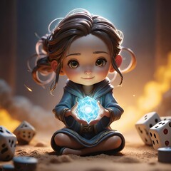 Mystical Character in Blue Robe Holding Glowing Orb Amidst Floating Dice in Dimly Lit Space